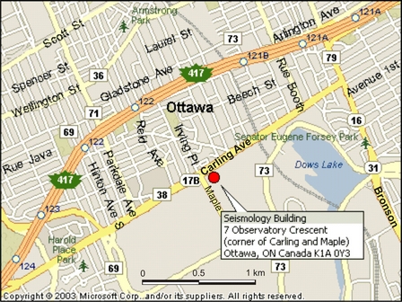 Earthquakes Canada eastern office map - local