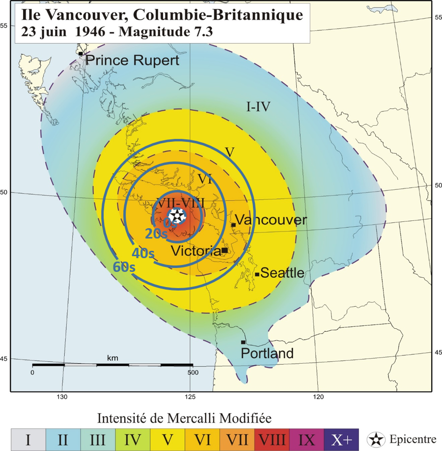 carte de 1946: séisme de magnitude 7,3 avec temps d'alerte théorique