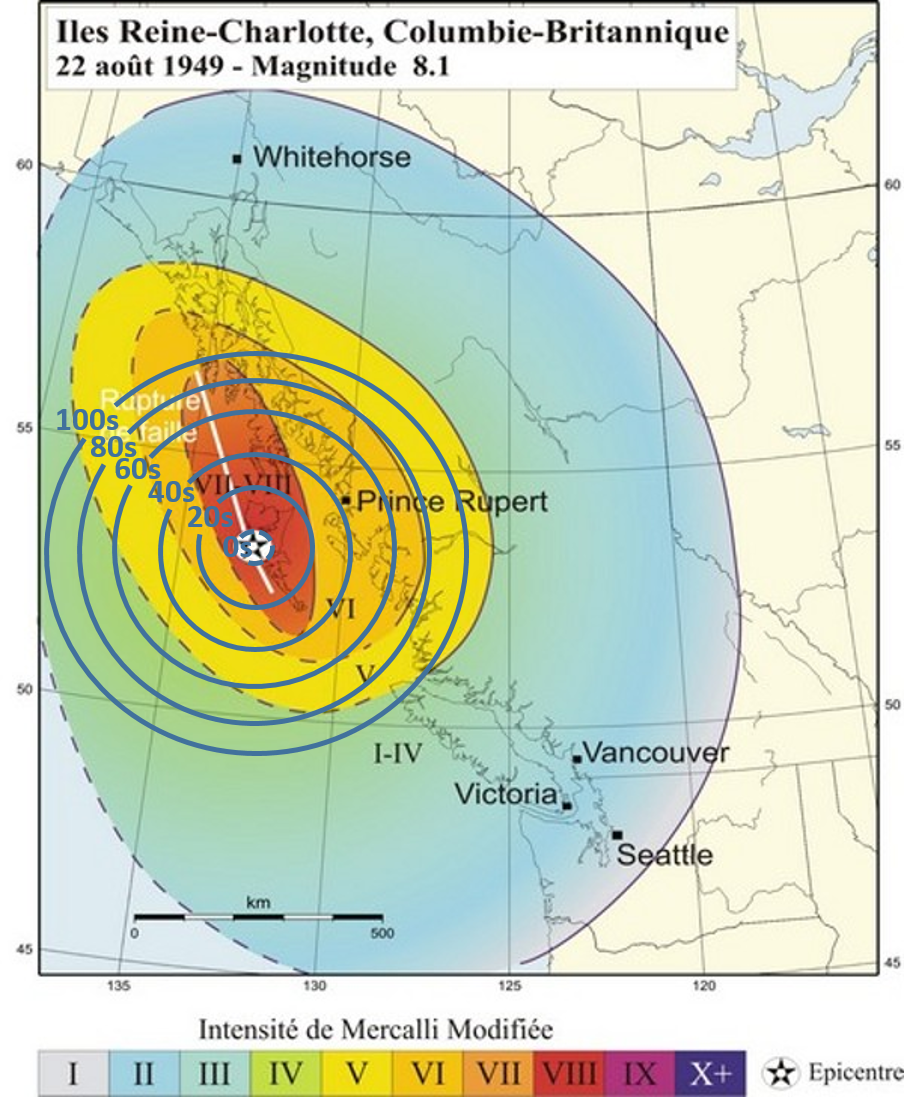 1949 carte: Tremblement de Terre de Magnitude 8,1 avec temps d'alerte théoretique