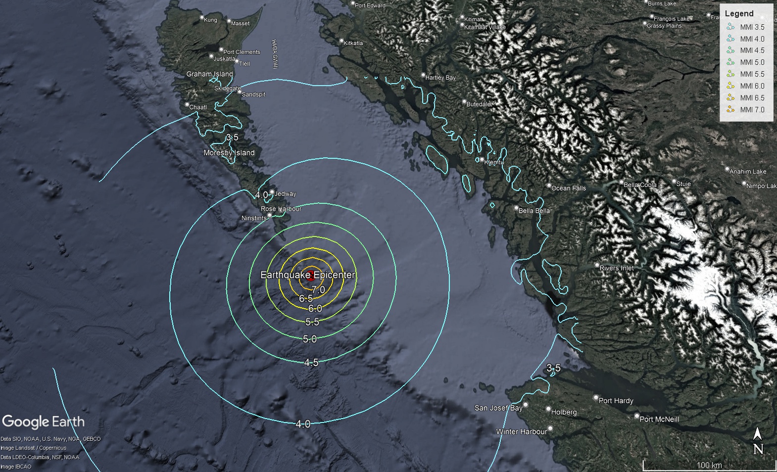 map showing shaking (MMI)