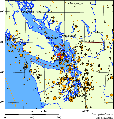 carte des des séismes de magnitude 2,0 et plus depuis 2000