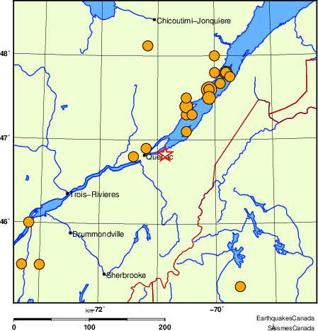 carte des séismes historiques de magnitude 5,0 et plus.  Détails dans le tableau de données ci-dessous