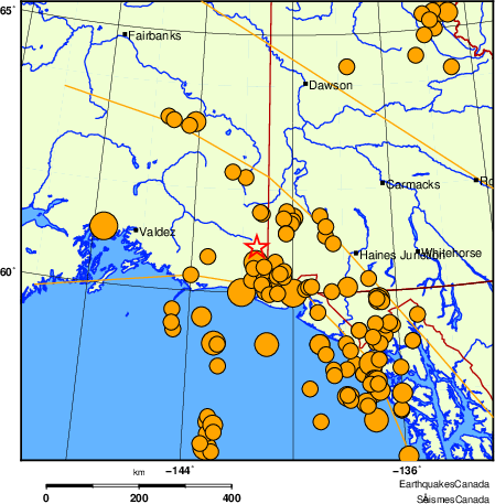 Map of historical earthquakes magnitude 5.0 and larger.  Details in the data table below