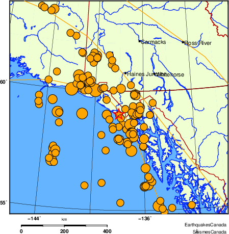 Map of historical earthquakes magnitude 5.0 and larger.  Details in the data table below