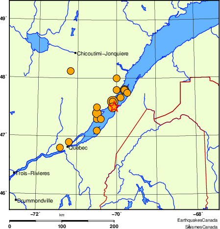 carte des séismes historiques de magnitude 5,0 et plus.  Détails dans le tableau de données ci-dessous