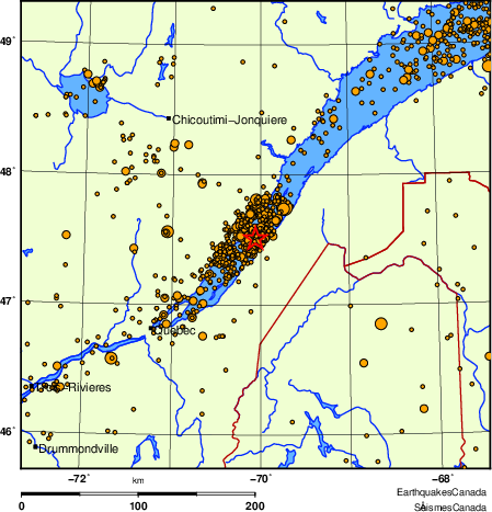 carte des des séismes de magnitude 2,0 et plus depuis 2000