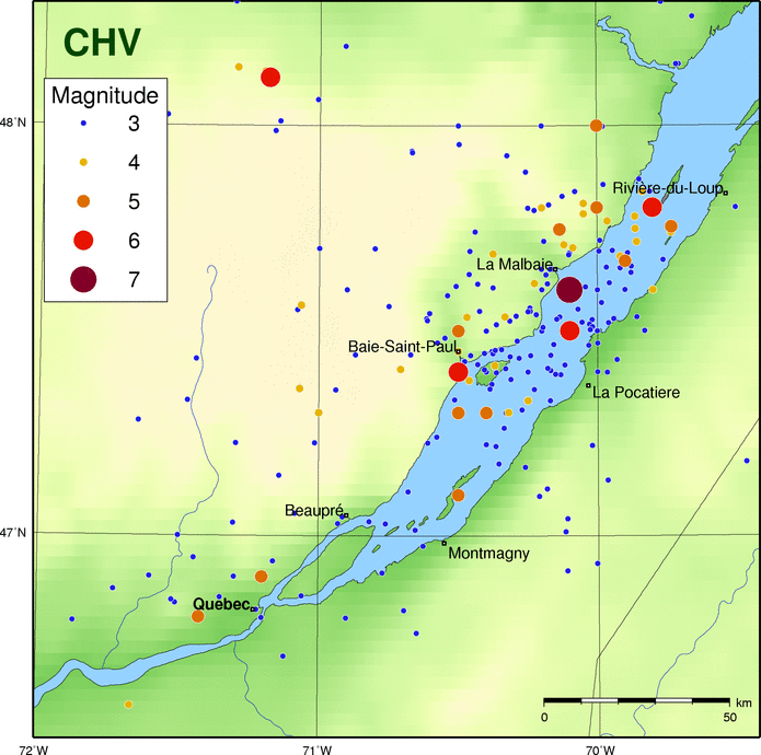 Map of historic events in the Charlevoix Seismic Zone