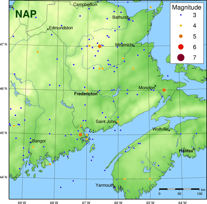 Map of historic events in the Northern Appalacians Seismic Zone
