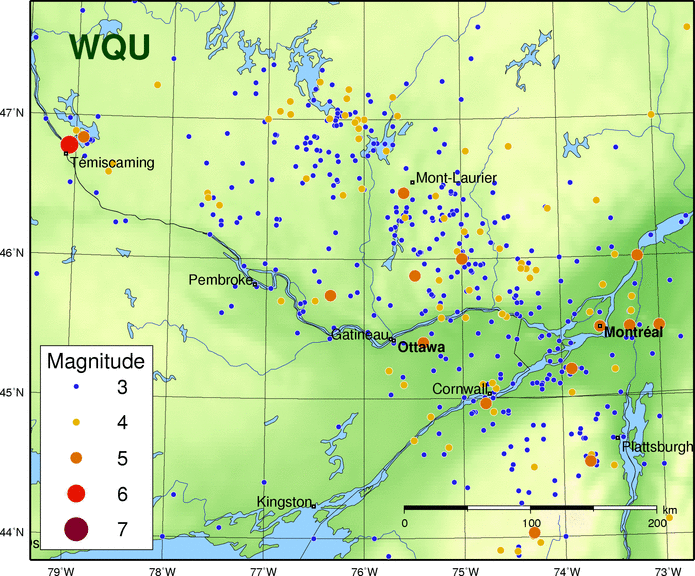 Map of historic events in the Western Quebec Seismic Zone